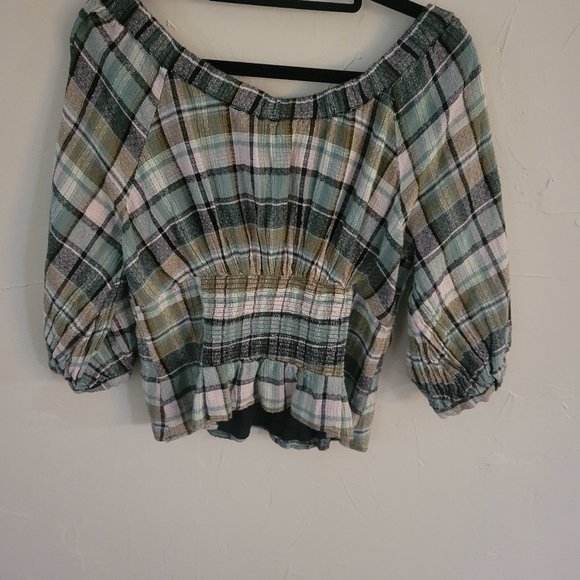 Free People Teagan Plaid Puff Sleeve Top in Teal Combo size Medium - Picture 4 of 8